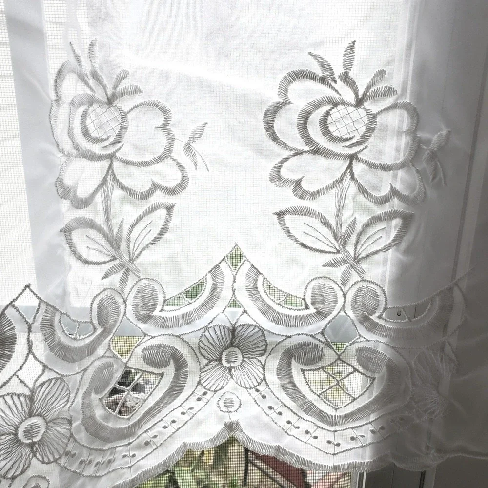 Vintage White Floral Embroidered Lace Sheer Curtain Valance 21 1/2